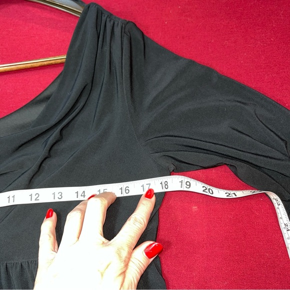 BLACK Wide NECK Flowy DRESS stretchy knit Empire Waist 3/4 Ruffle cuff Sleeves L - Picture 4 of 10